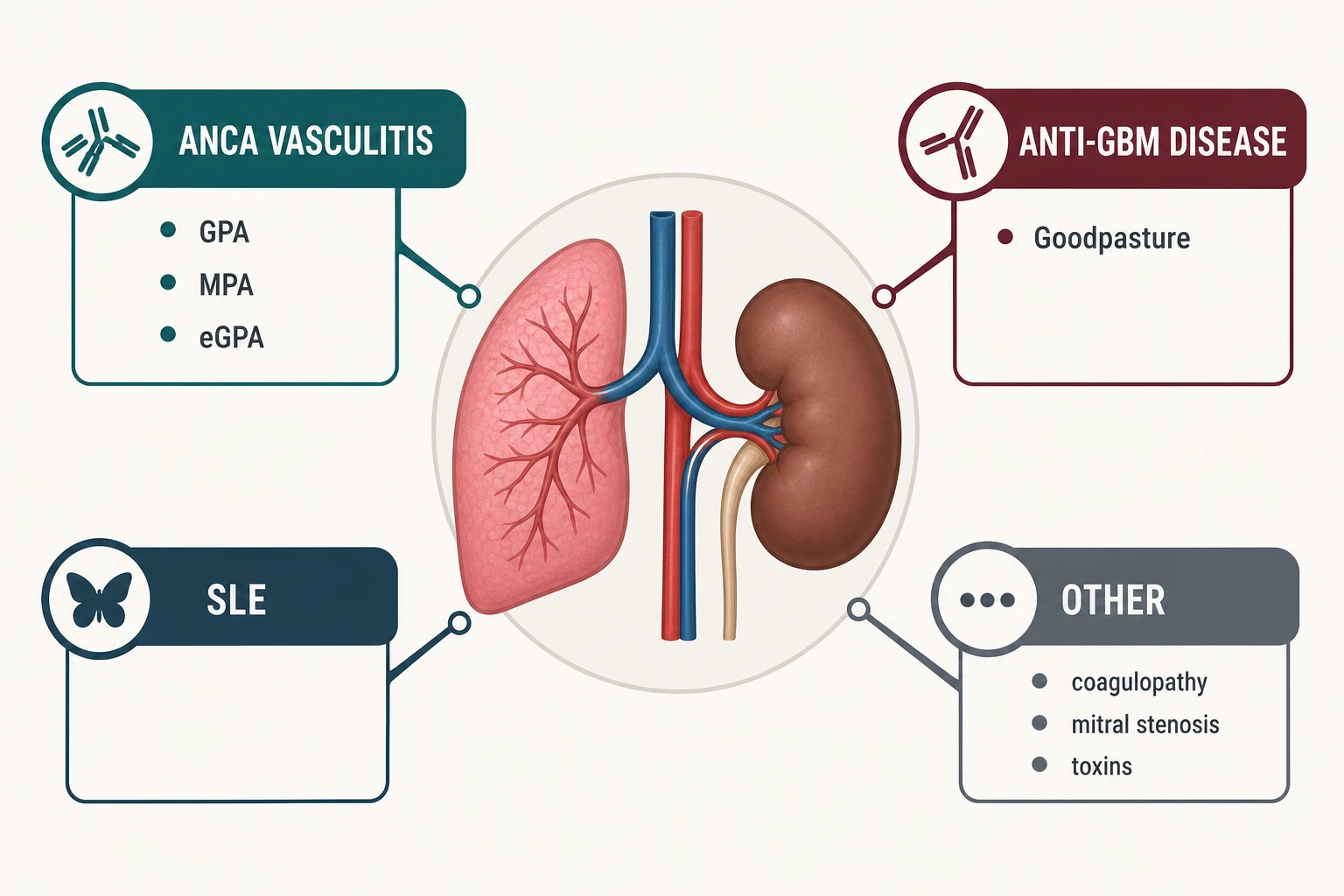 Pulmonary-renal differential — ANCA vasculitis, anti-GBM disease, SLE and other causes around lung and kidney