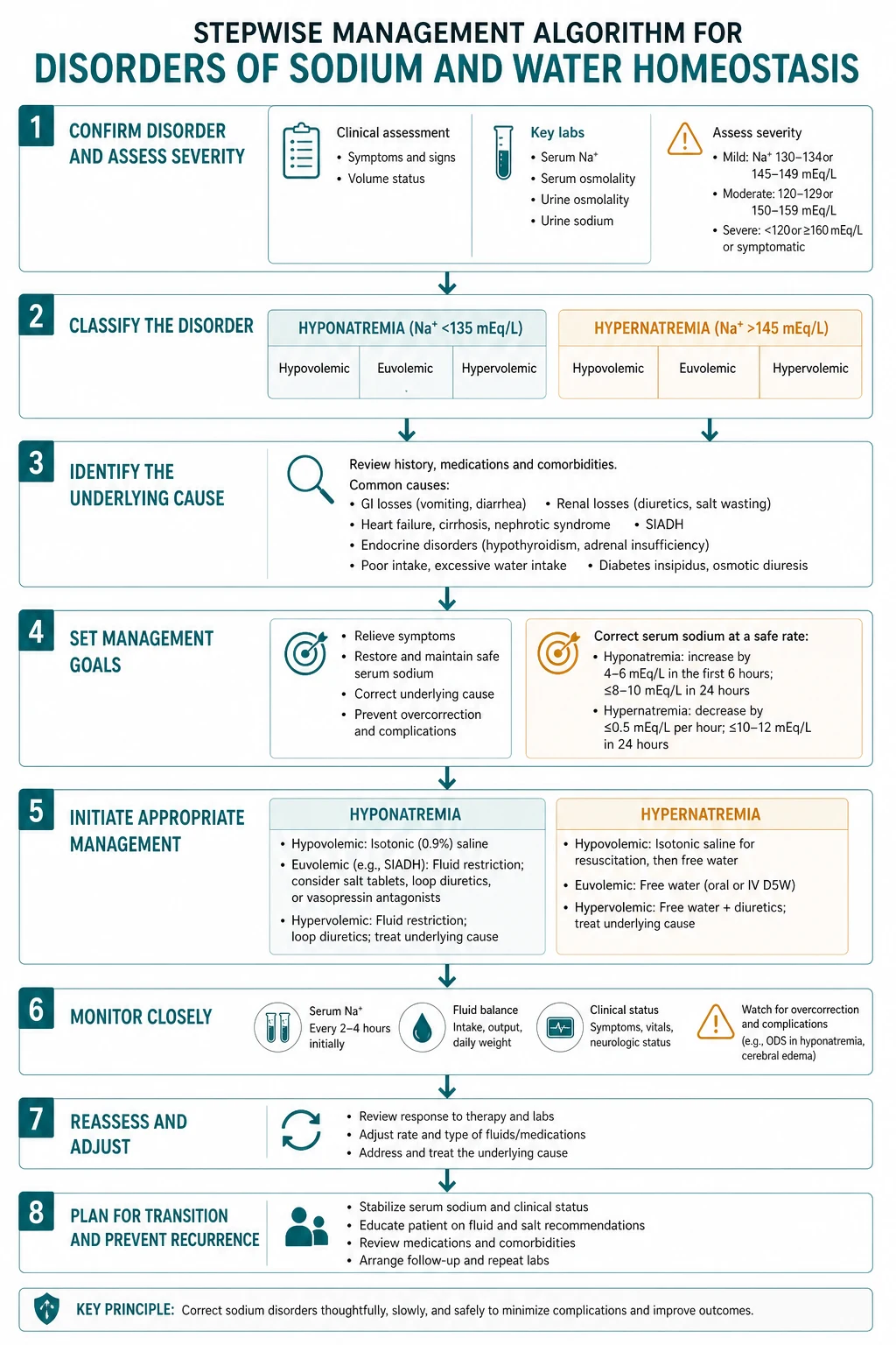 Stepwise management algorithm for Disorders OF Sodium AND Water Homeostasis.