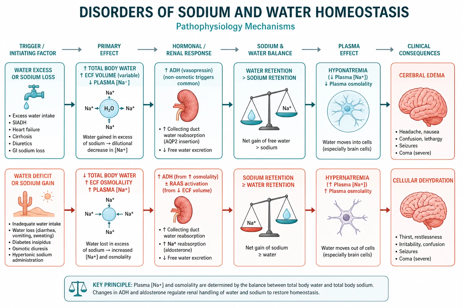 Pathophysiology mechanism diagram for Disorders OF Sodium AND Water Homeostasis.
