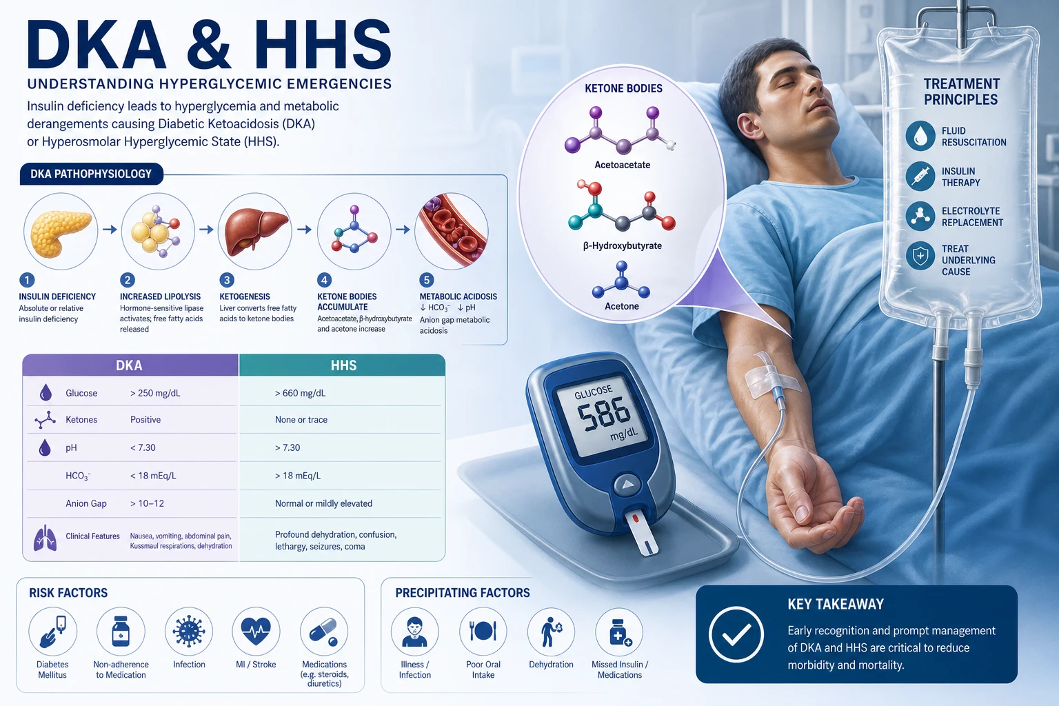 A comatose diabetic patient in the resuscitation bay, with a bedside glucose meter and a beta-hydroxybutyrate ketone strip — the two diagnostics that open the hyperglycaemic emergency pathway