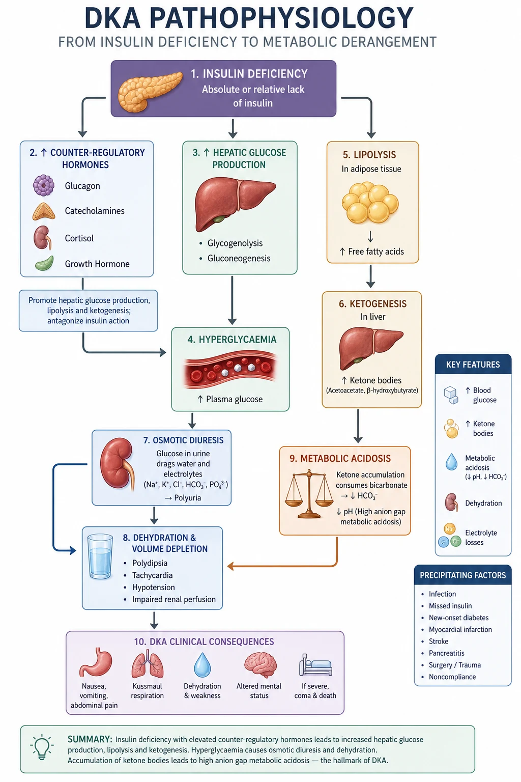 Insulin deficiency and counter-regulatory hormones driving hyperglycaemia, lipolysis, hepatic ketogenesis (acetoacetate and beta-hydroxybutyrate), and osmotic diuresis with electrolyte loss