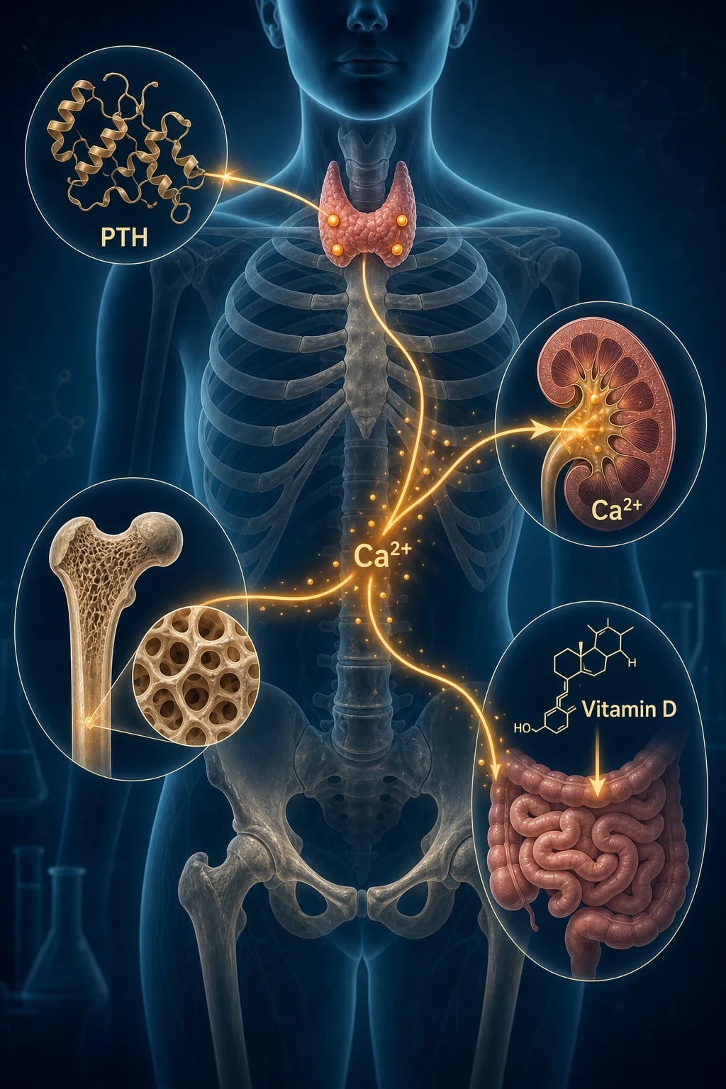 Calcium homeostasis — parathyroid glands releasing PTH, acting on bone, kidney and gut with vitamin D