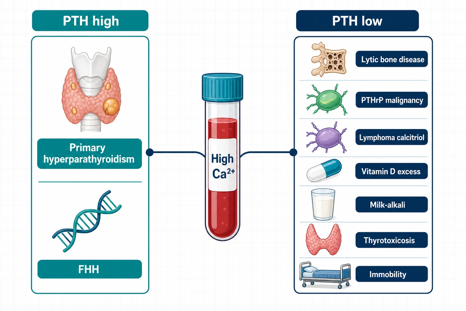 Hypercalcaemia causes split by PTH — high PTH (primary hyperparathyroidism, FHH) versus low PTH (lytic bone disease, PTHrP, lymphoma calcitriol, vitamin D excess, milk-alkali, thyrotoxicosis, immobility)