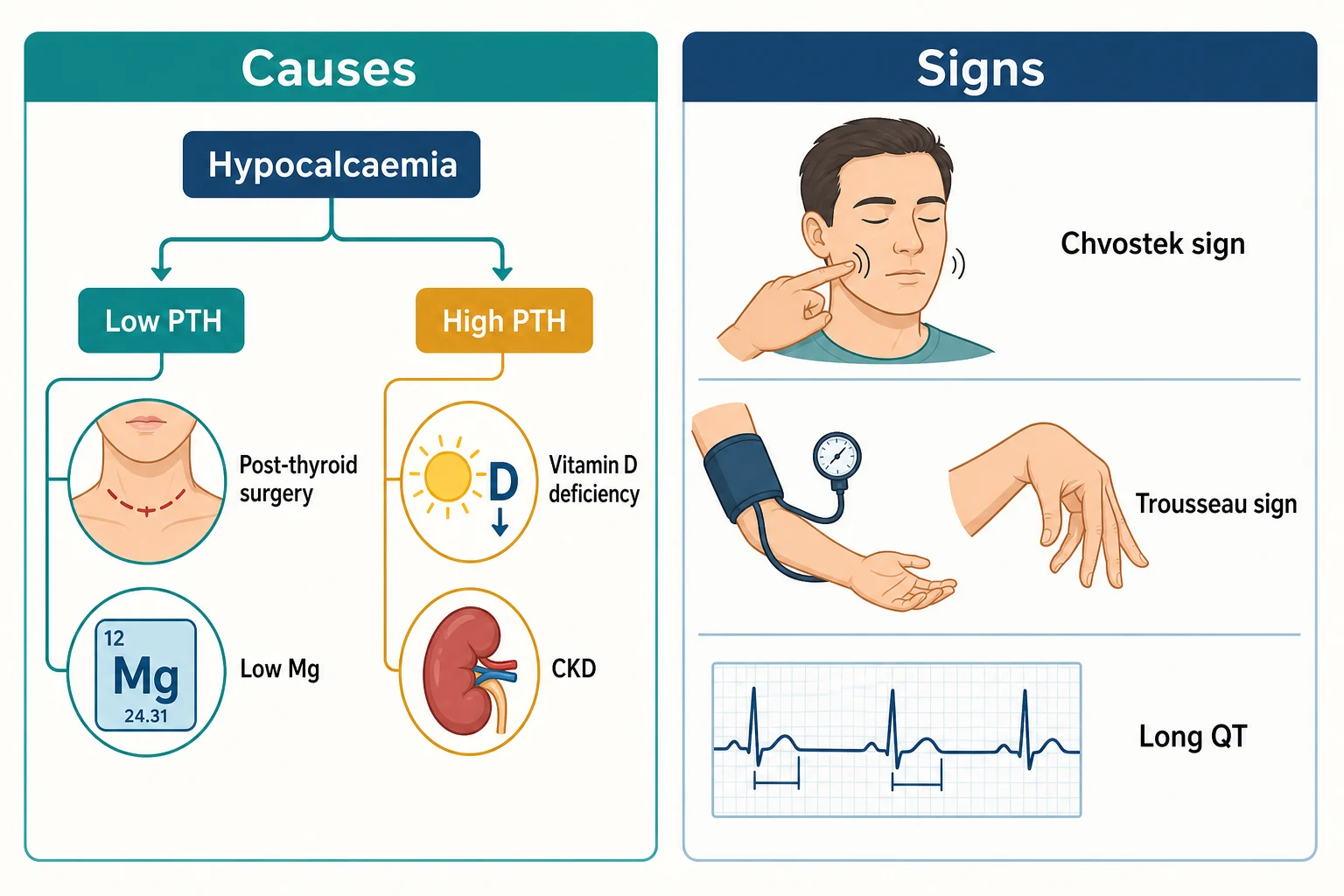 Hypocalcaemia causes (low PTH: post-surgical, low magnesium; high PTH: vitamin D deficiency, CKD) and signs (Chvostek, Trousseau, long QT)