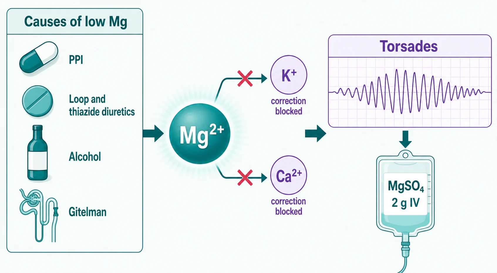 Magnesium disorders — causes of low magnesium (PPI, diuretics, alcohol, Gitelman), blocked potassium and calcium correction, and torsades treated with IV magnesium