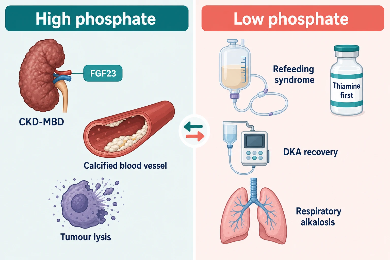 Phosphate disorders — high phosphate (CKD-MBD with FGF23, vascular calcification, tumour lysis) versus low phosphate (refeeding syndrome with thiamine first, DKA recovery, respiratory alkalosis)