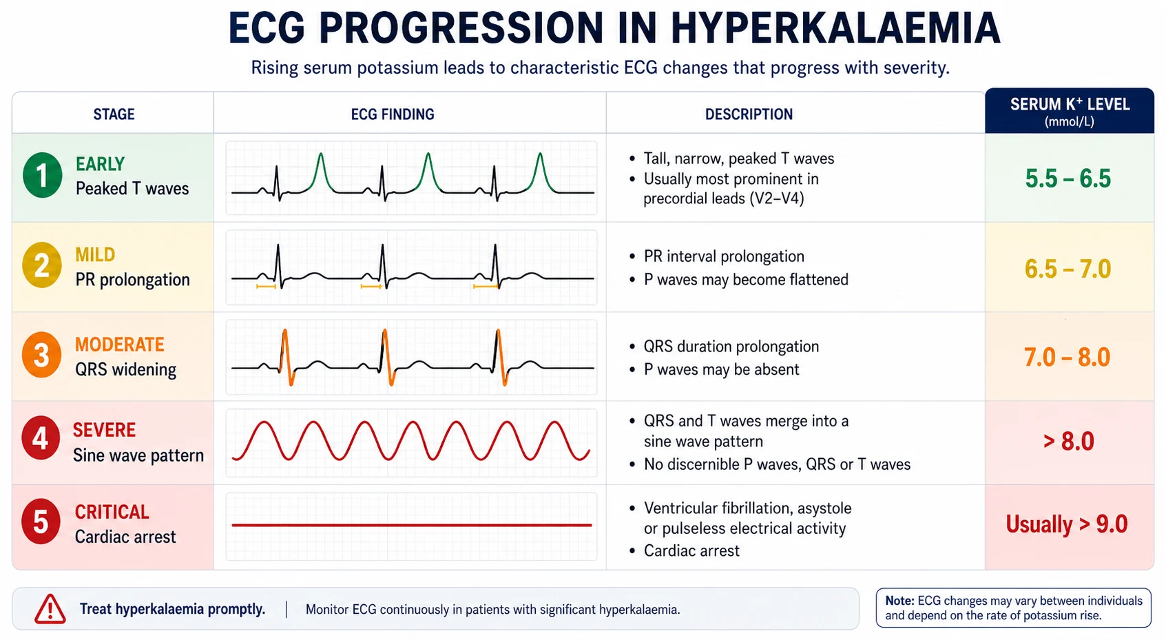 Hyperkalaemia ECG progression — peaked T waves (tenting, narrow base), then PR prolongation and loss of P waves, then QRS widening, then sine wave merging QRS and T, then ventricular fibrillation or asystole