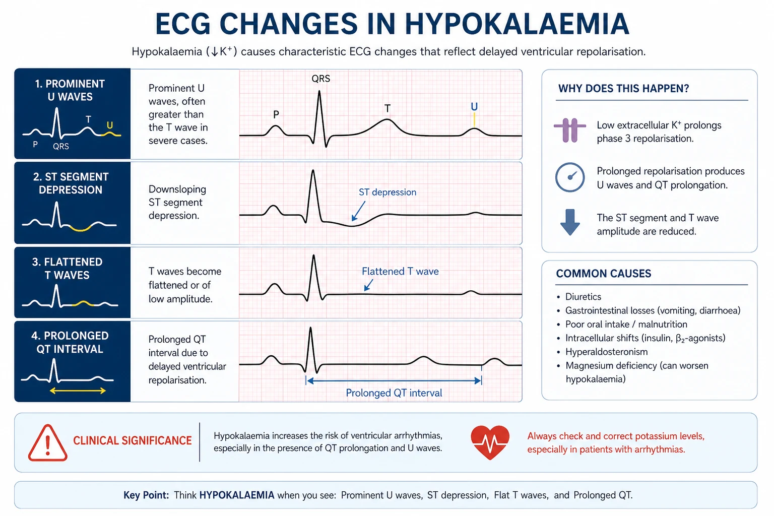 Hypokalaemia ECG — T wave flattening, ST depression, prominent U waves (best in V2-V4), apparent long QT due to QU fusion, premature ventricular and atrial complexes