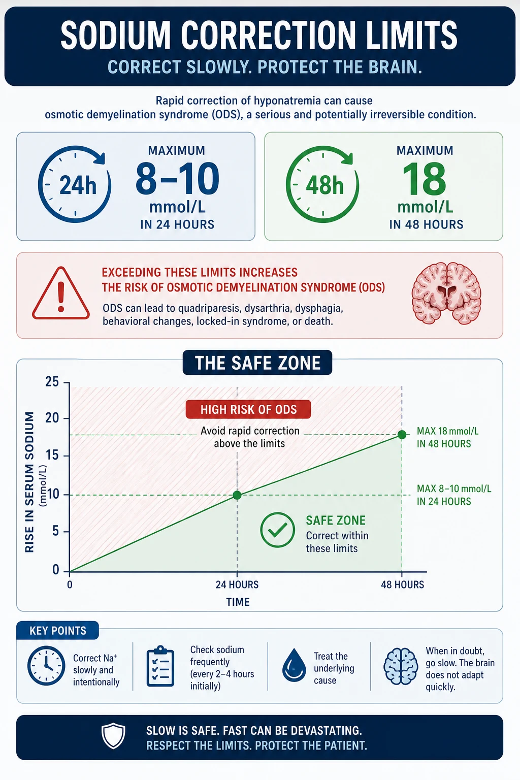 Hyponatraemia correction ceiling — the 4 to 5 mmol/L rise in the first 4 hours for severe symptoms, then the 8 to 10 mmol/L in 24 hours and 18 mmol/L in 48 hours limits, with the osmotic demyelination danger zone above