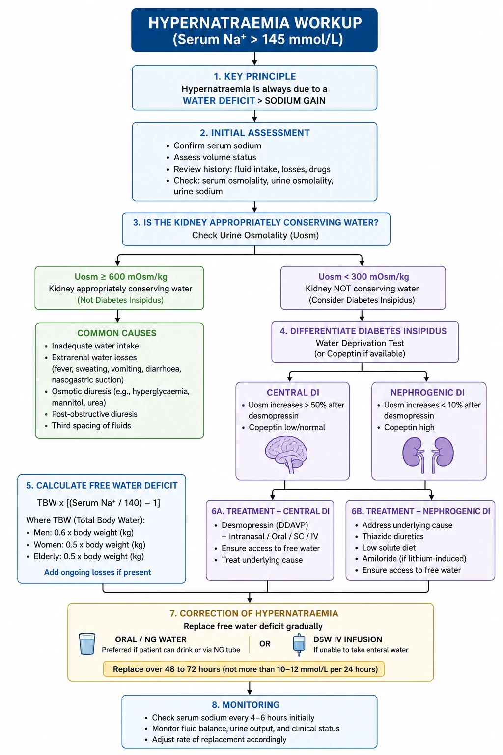Hypernatraemia diagnostic algorithm — water loss (renal vs extra-renal, with and without diabetes insipidus) versus sodium gain, with urine osmolality discriminating AVP-responsive from AVP-resistant causes