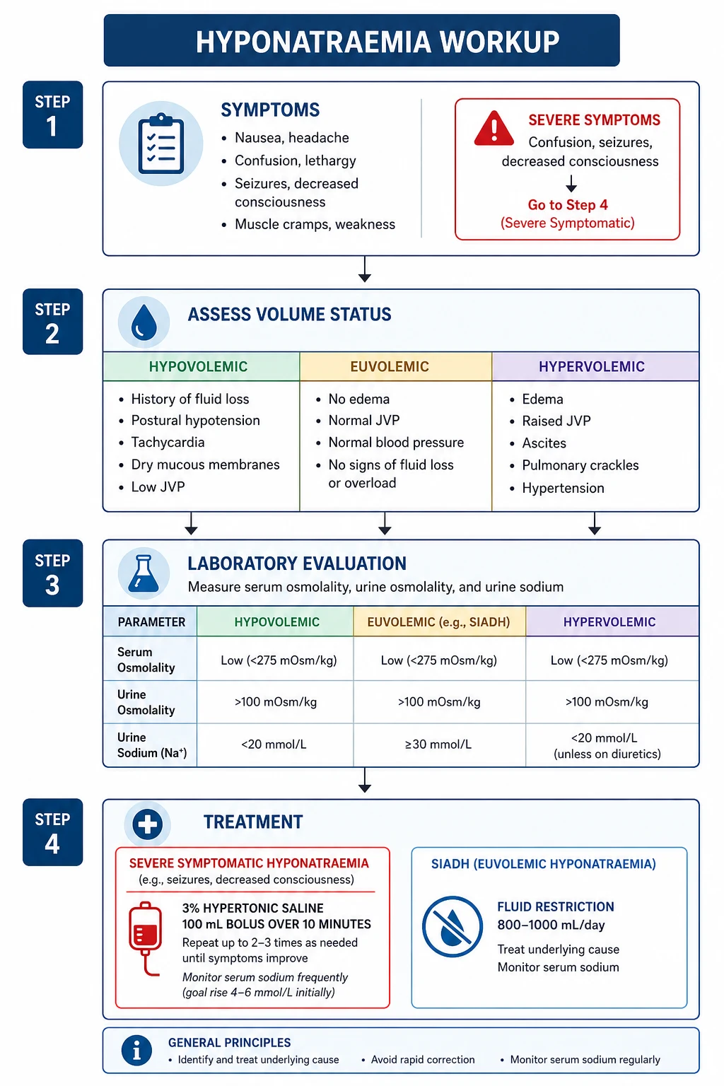 Hyponatraemia diagnostic algorithm — serum osmolality first, then volume status, then urine sodium and urine osmolality to discriminate hypovolaemic, euvolaemic, and hypervolaemic causes