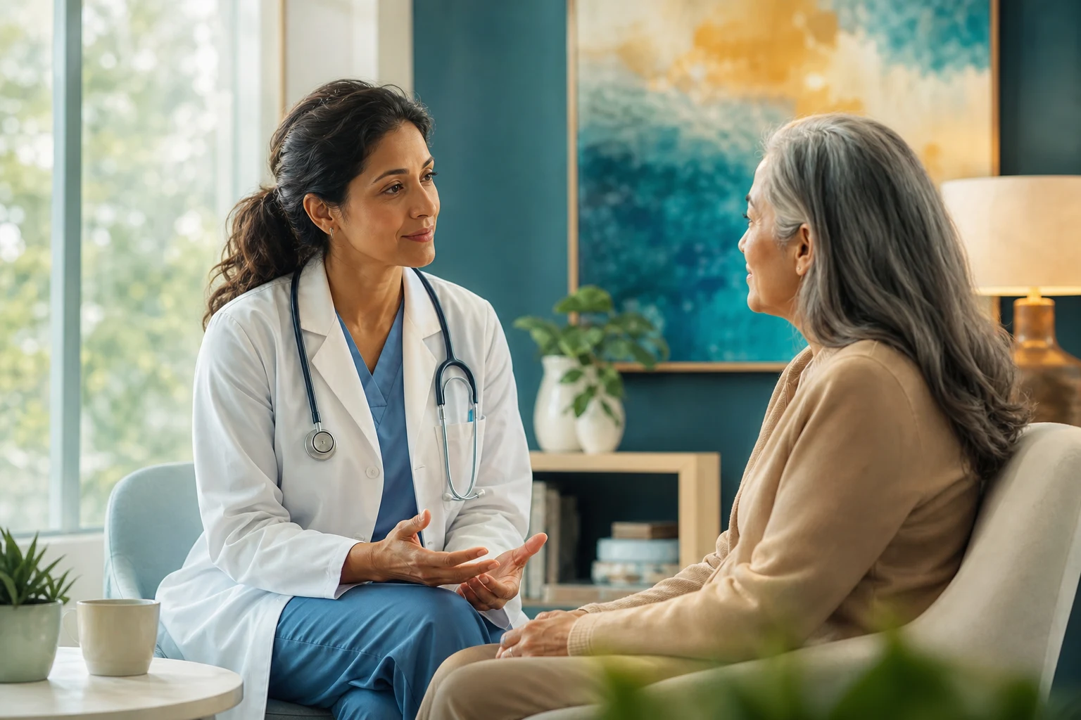 End-of-life care — a clinician in quiet conversation with a patient and family about goals of care, advance care planning and what matters most in the last phase of life