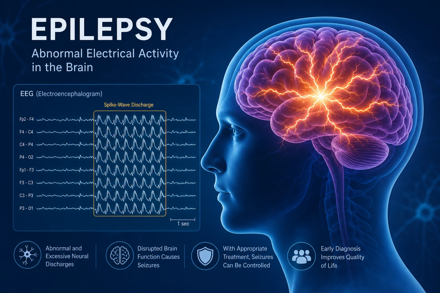 Epilepsy — illustration of focal versus generalised seizure onset across the cerebral cortex