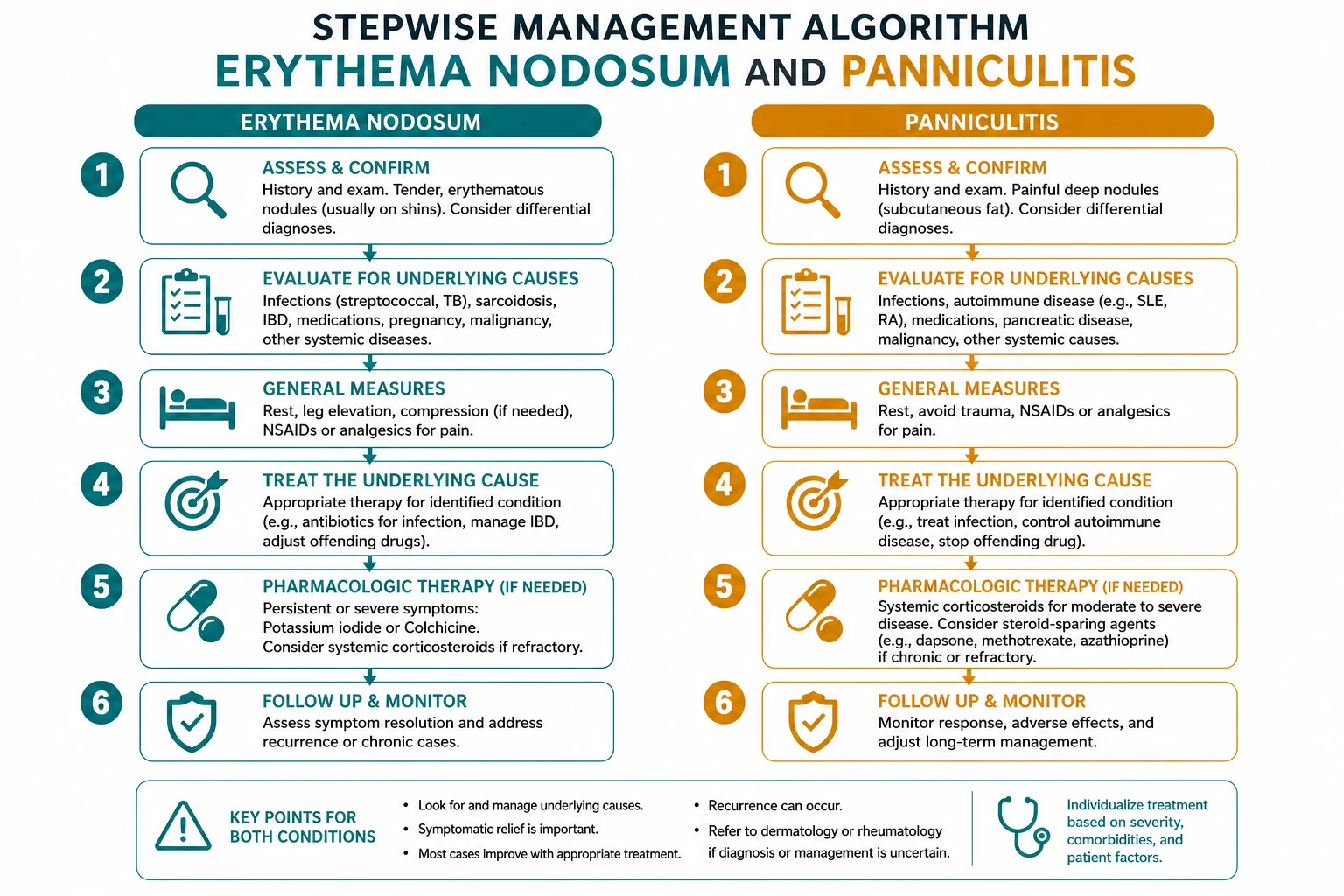Stepwise management algorithm for Erythema Nodosum AND Panniculitis.