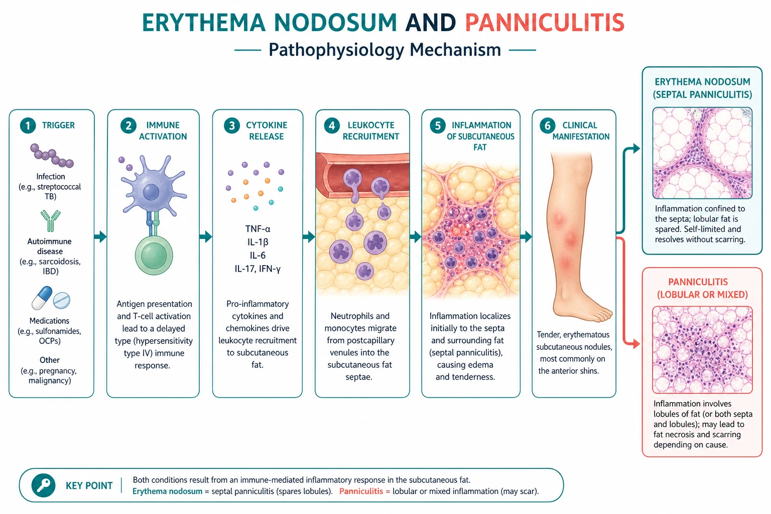 Pathophysiology mechanism diagram for Erythema Nodosum AND Panniculitis.