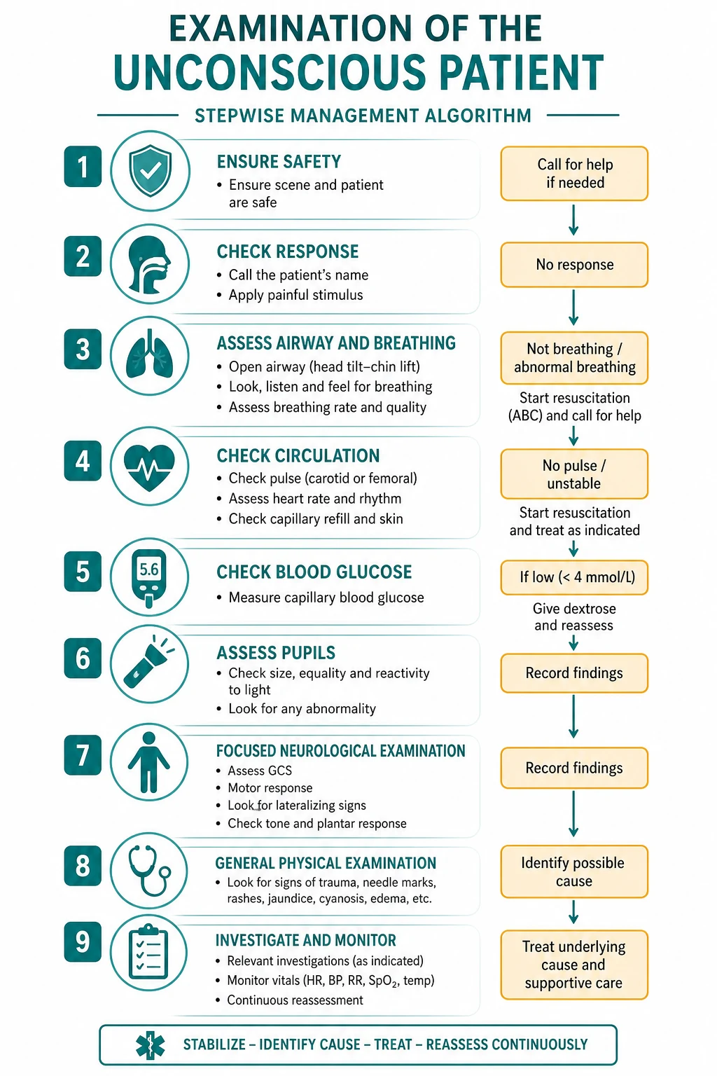 Stepwise management algorithm for Examination OF THE Unconscious Patient.