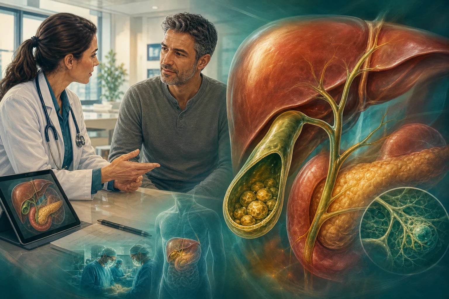 Clinical overview scene for Gallstone Disease AND Biliary Pathology.