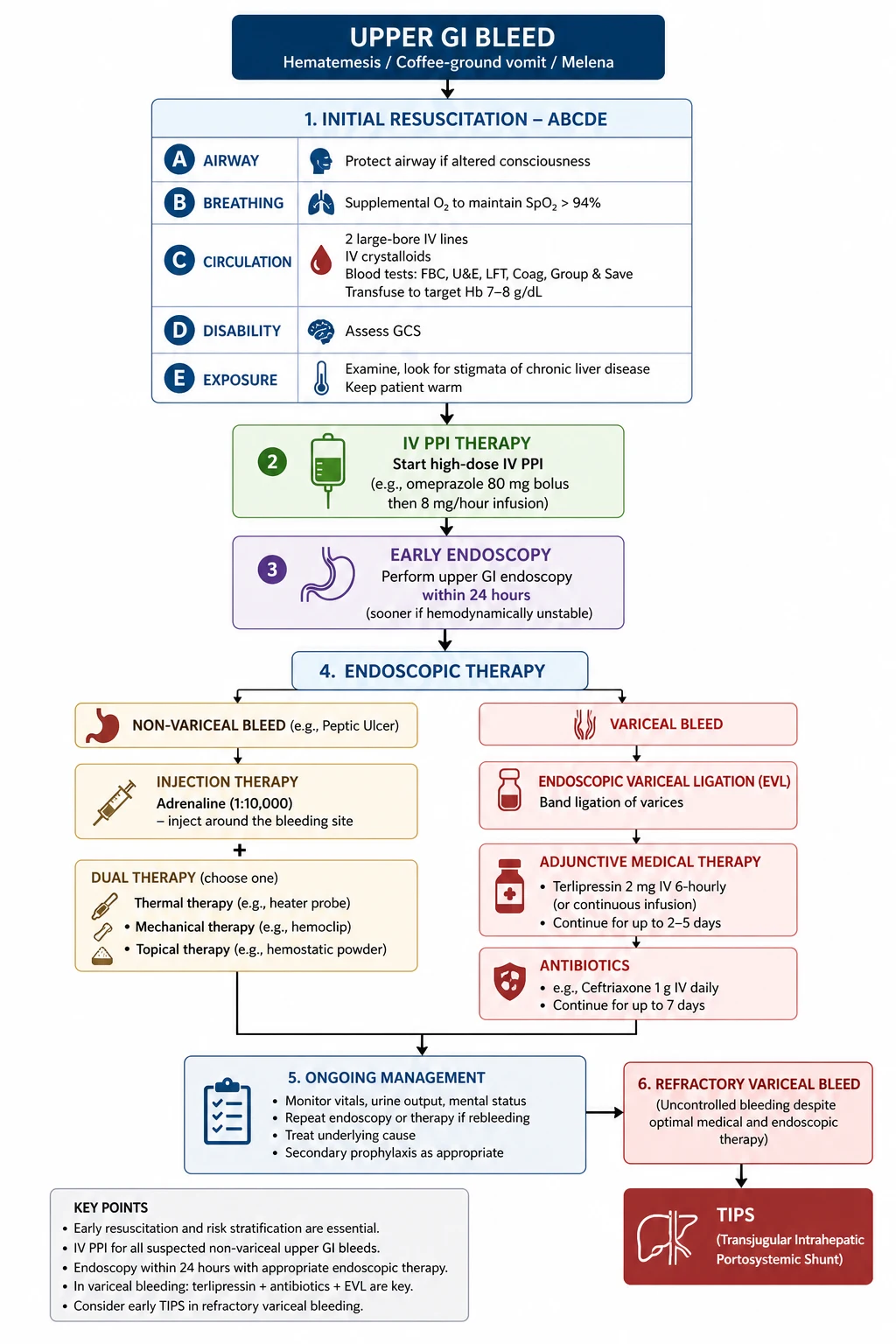 Acute upper GI bleed management algorithm — resuscitation, risk stratification, endoscopic therapy