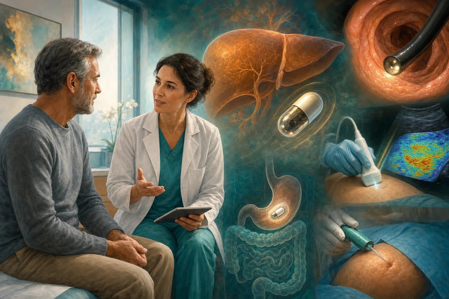 Clinical overview scene for GI Investigation Endoscopy Capsule Liver Biopsy Elastography.