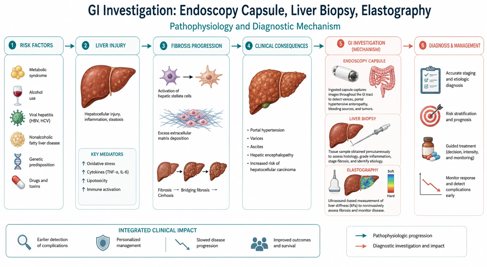 Pathophysiology mechanism diagram for GI Investigation Endoscopy Capsule Liver Biopsy Elastography.