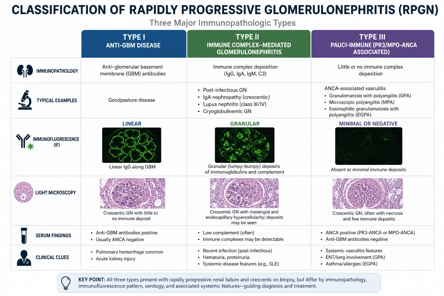 RPGN classification — Type I anti-GBM (linear IgG), Type II immune complex (granular), Type III pauci-immune (ANCA), with complement patterns