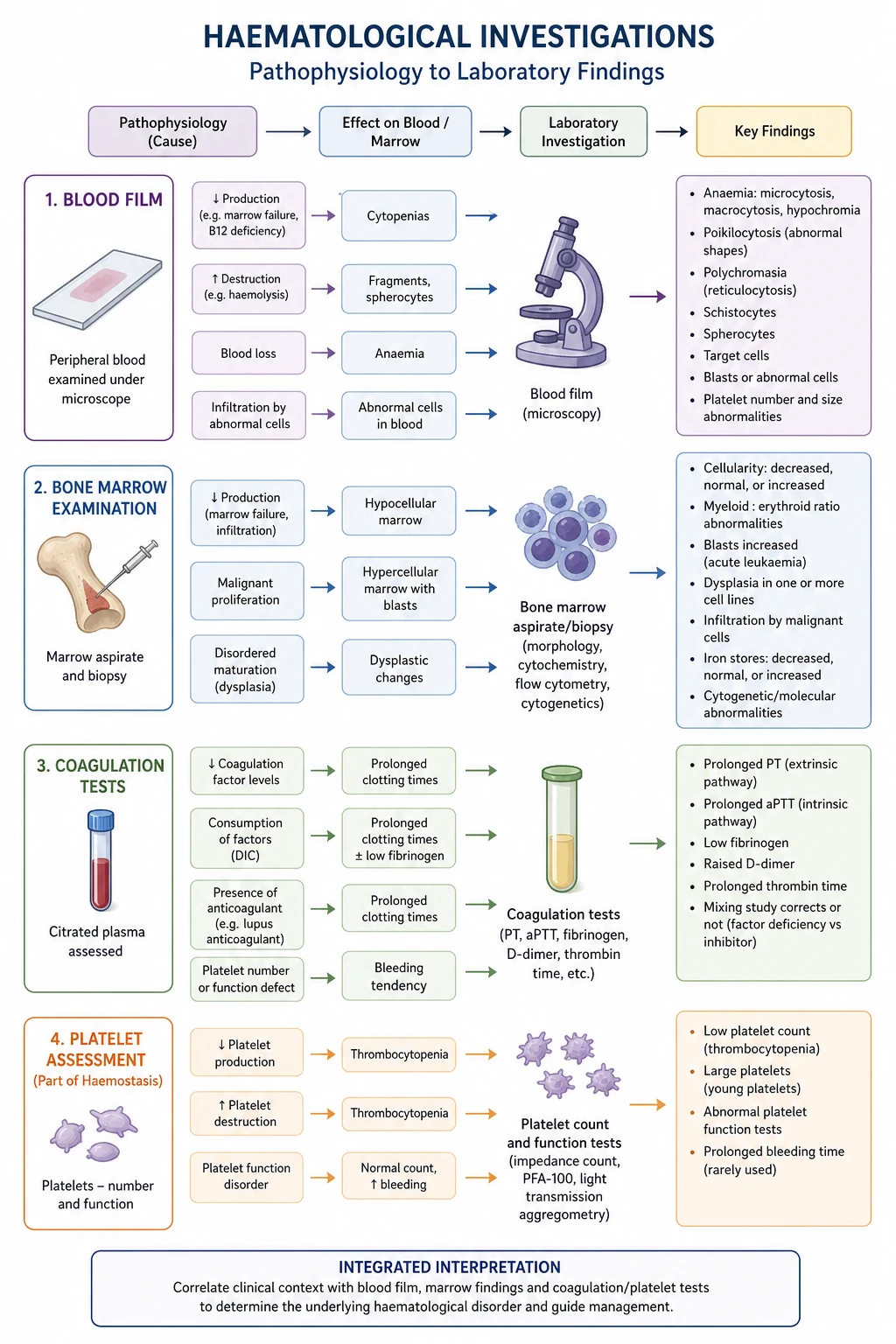 Pathophysiology mechanism diagram for Haematological Investigation Blood Film Marrow Coagulation Tests.