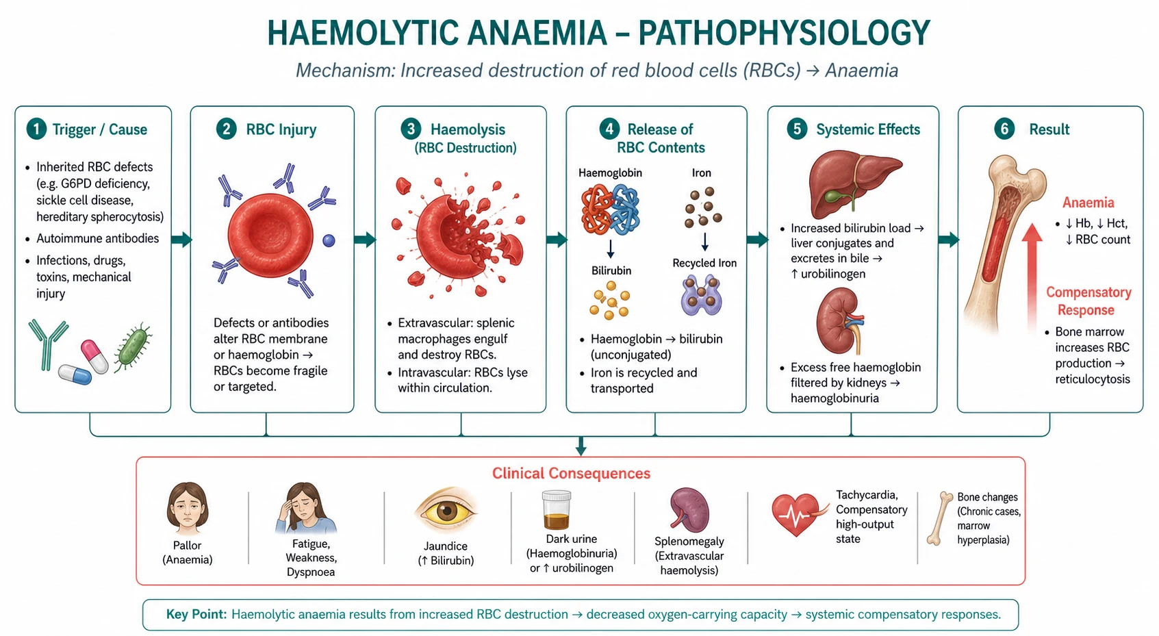 Pathophysiology mechanism diagram for Haemolytic Anaemia.