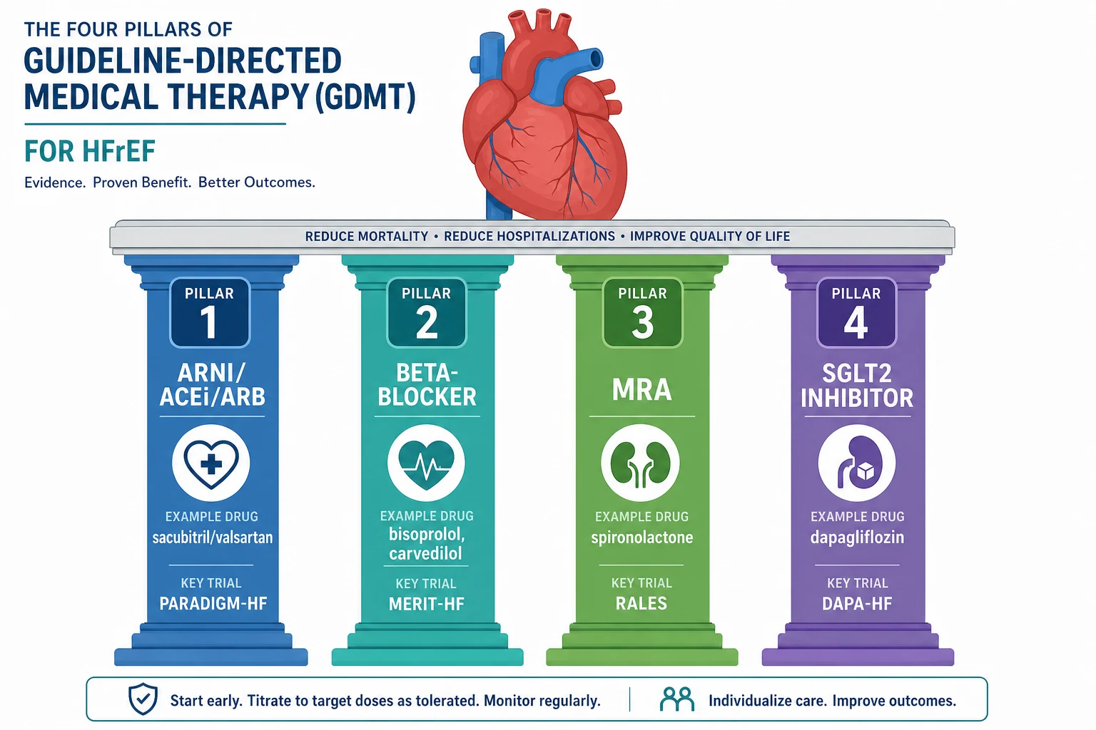 Four pillars of GDMT for HFrEF with key trials