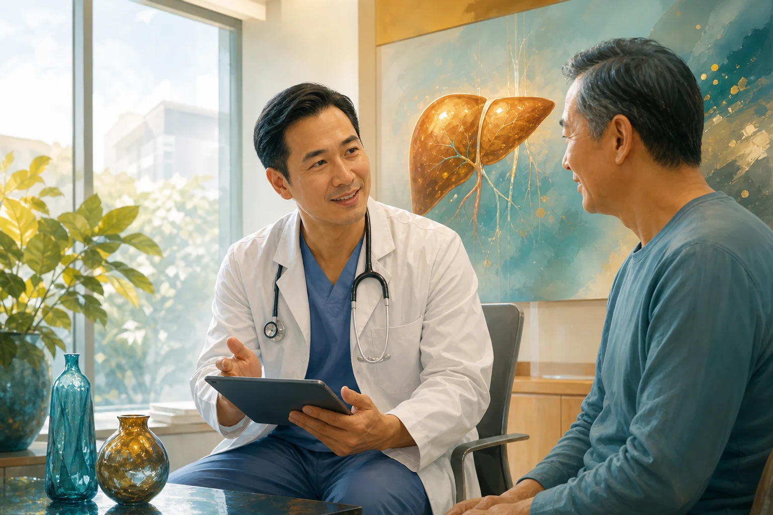 Hepatocellular carcinoma — the cirrhotic liver as the substrate, the BCLC staging algorithm linking tumour burden, liver function and performance status to treatment, the LI-RADS imaging pathway, and the treatment ladder from curative resection and transplant through TACE to systemic therapy