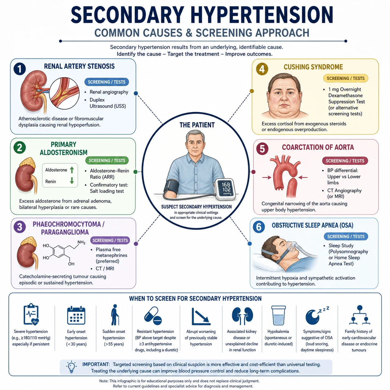 Algorithm for secondary hypertension workup showing clinical clues branching to confirmatory tests: ARR for primary aldosteronism, metanephrines for phaeochromocytoma, renal Doppler or CT angiography for renal artery stenosis, dexamethasone suppression for Cushing