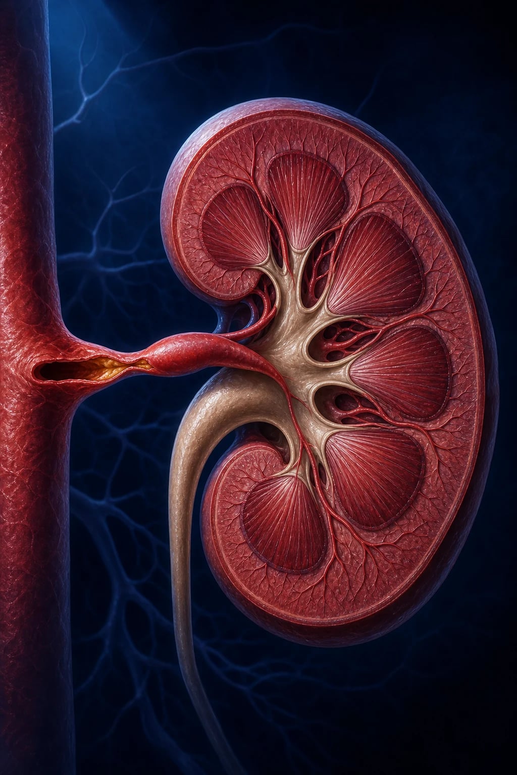 Kidney in cross-section with a severely narrowed renal artery at the hilum