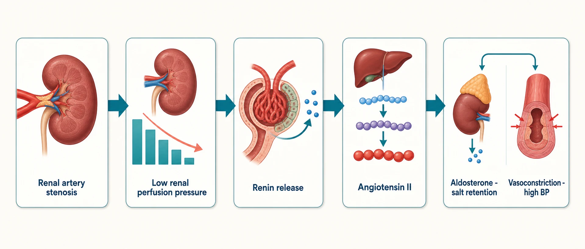 Mechanism of renovascular hypertension: stenosis, low perfusion, renin, angiotensin II, aldosterone