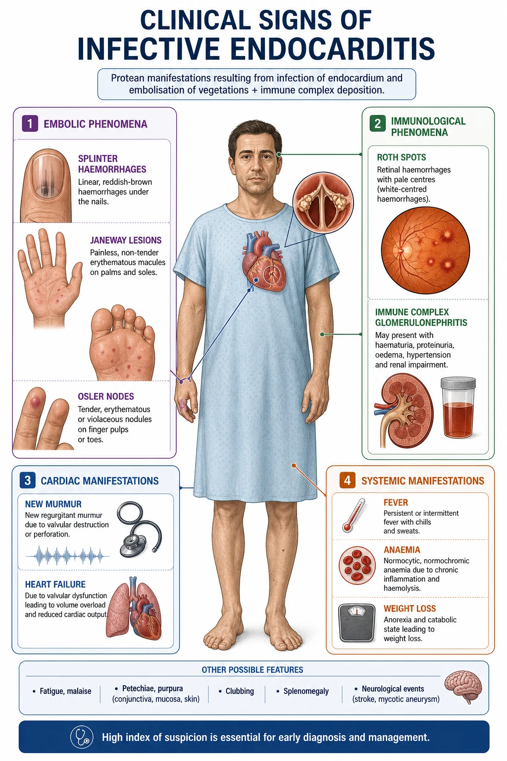 Peripheral stigmata of infective endocarditis: Osler nodes on finger pads, Janeway lesions on palms, Roth spots in retina, splinter haemorrhages in nail bed
