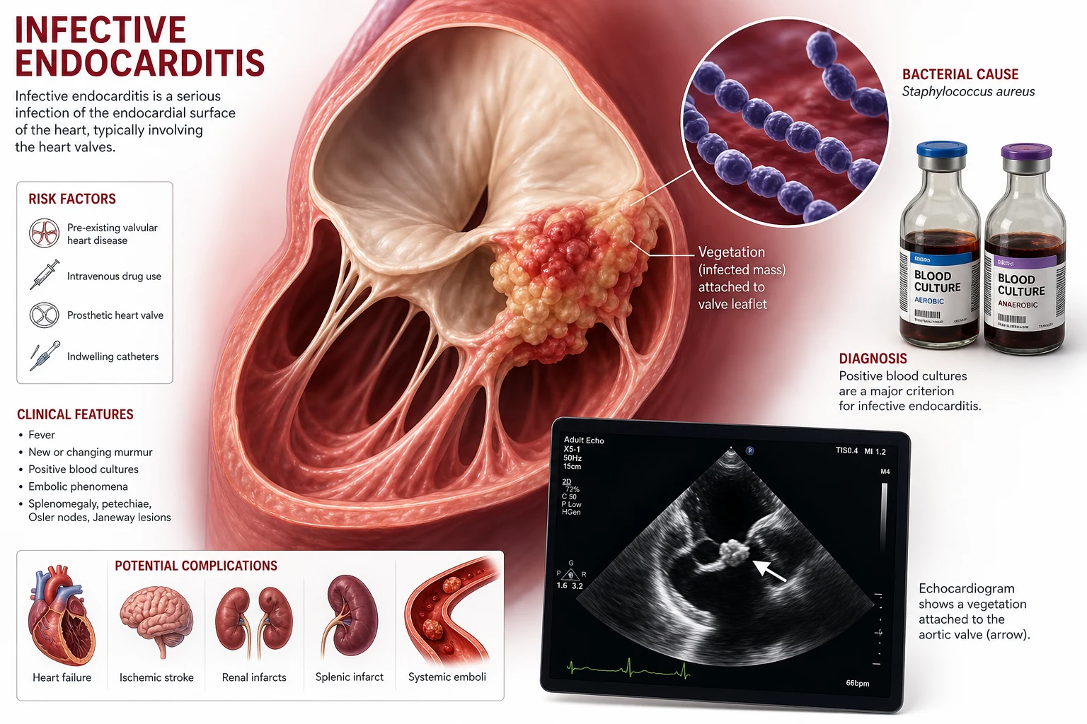 Hero image — aortic valve with large mobile vegetation, representing the central lesion of infective endocarditis