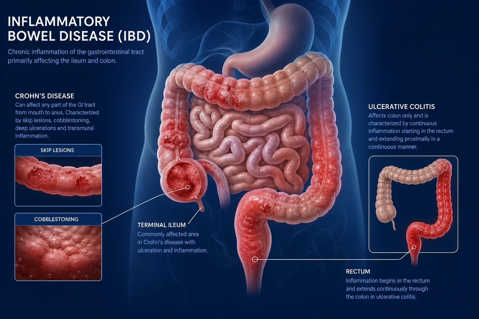 Inflammatory bowel disease — segmental colonic inflammation with skip lesions, cobblestoning and perianal disease representing the Crohn's phenotype