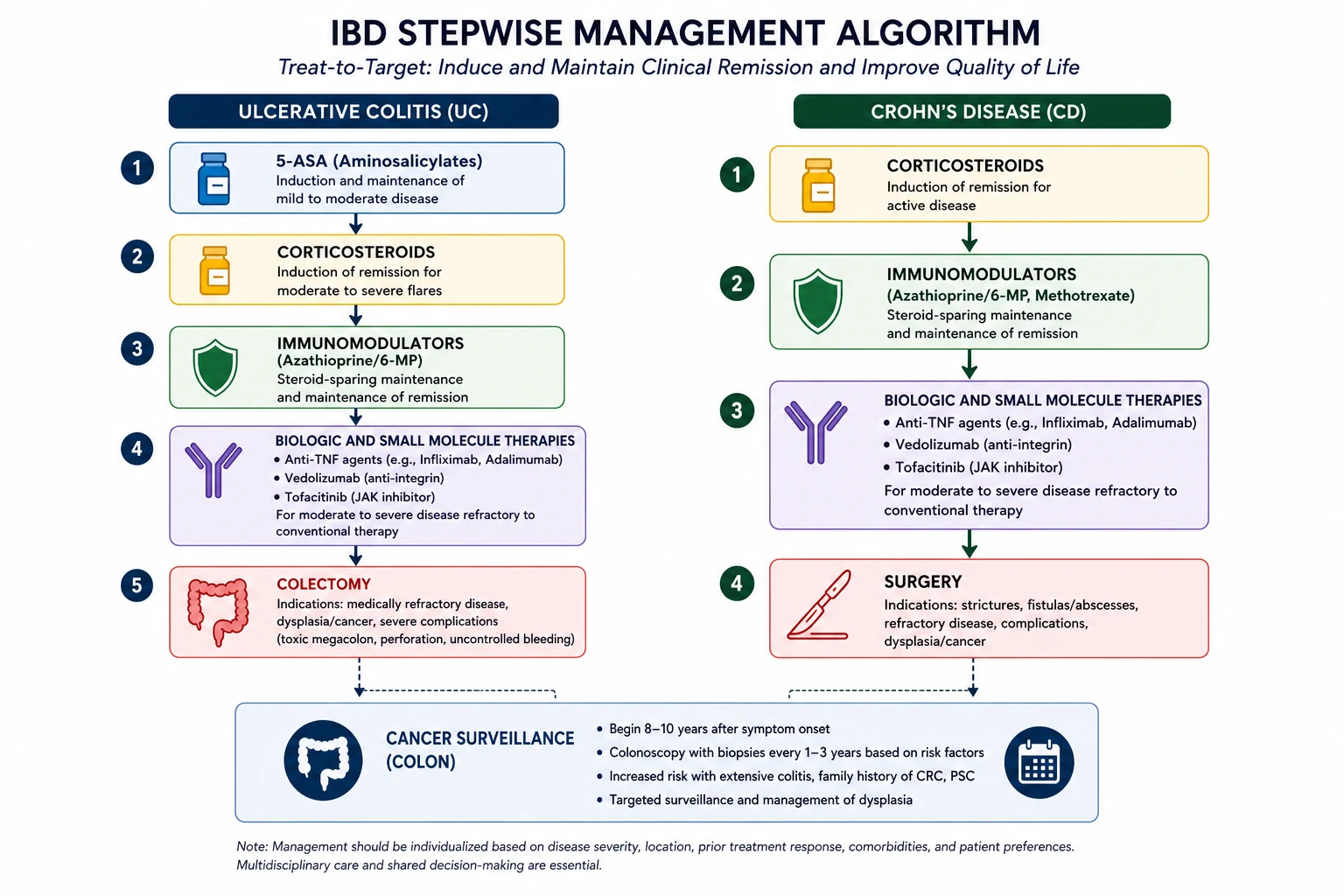 Stepwise management algorithm for IBD: induction with steroids then maintenance with 5-ASA, immunomodulators, biologics or small molecules, with endoscopic healing as the target