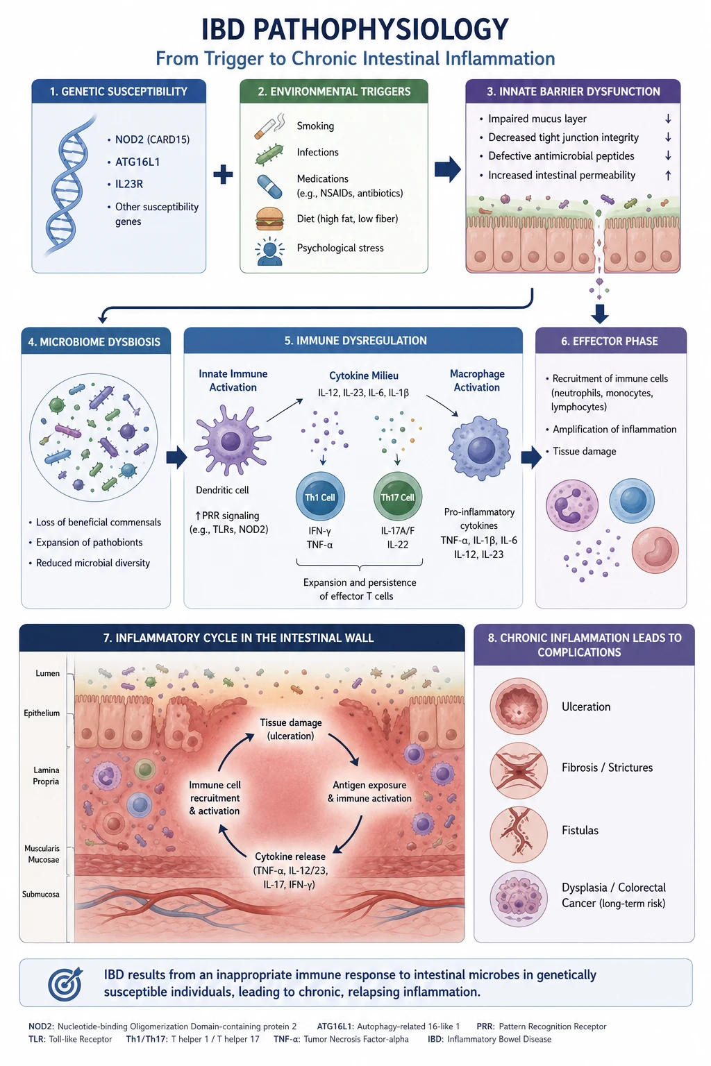 IBD immune cascade: genetic susceptibility (NOD2, ATG16L1) plus barrier dysfunction plus microbiome dysbiosis driving innate and adaptive immune activation (Th1/Th17, TNF, IL-12/23) and chronic intestinal inflammation