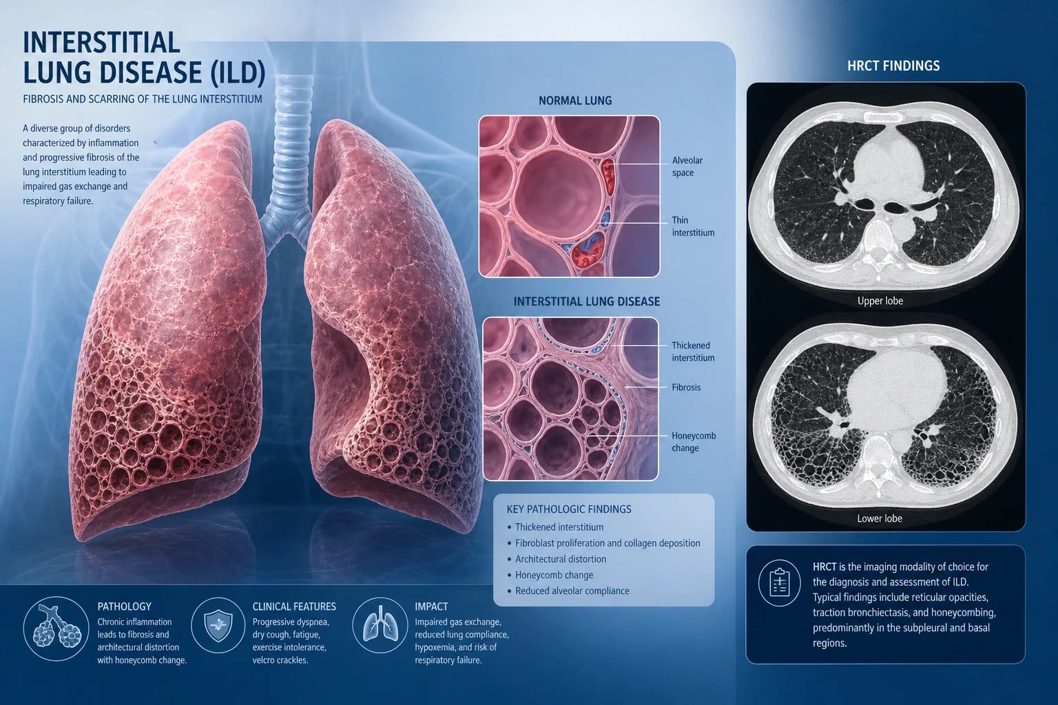 HRCT patterns — UIP (basal reticulation, honeycombing), NSIP (uniform ground-glass), organising pneumonia (consolidation, reverse halo), sarcoidosis (perilymphatic nodules, hilar lymphadenopathy)