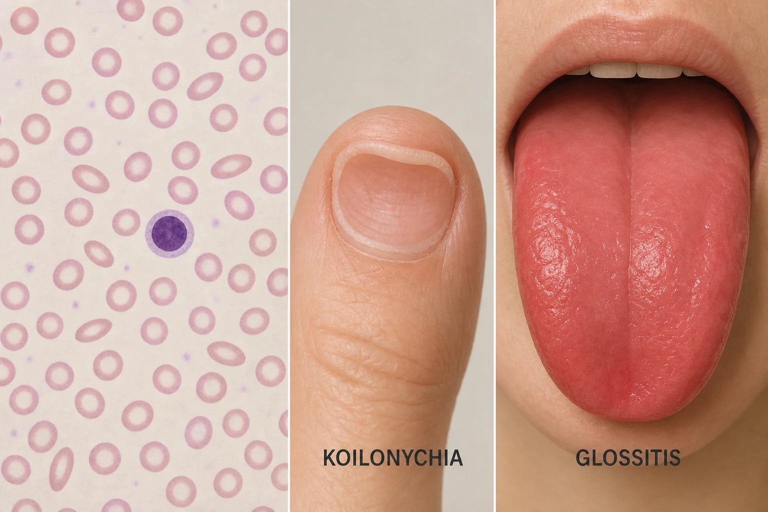 Microcytic hypochromic blood film, koilonychia and glossitis — the examination findings of iron deficiency