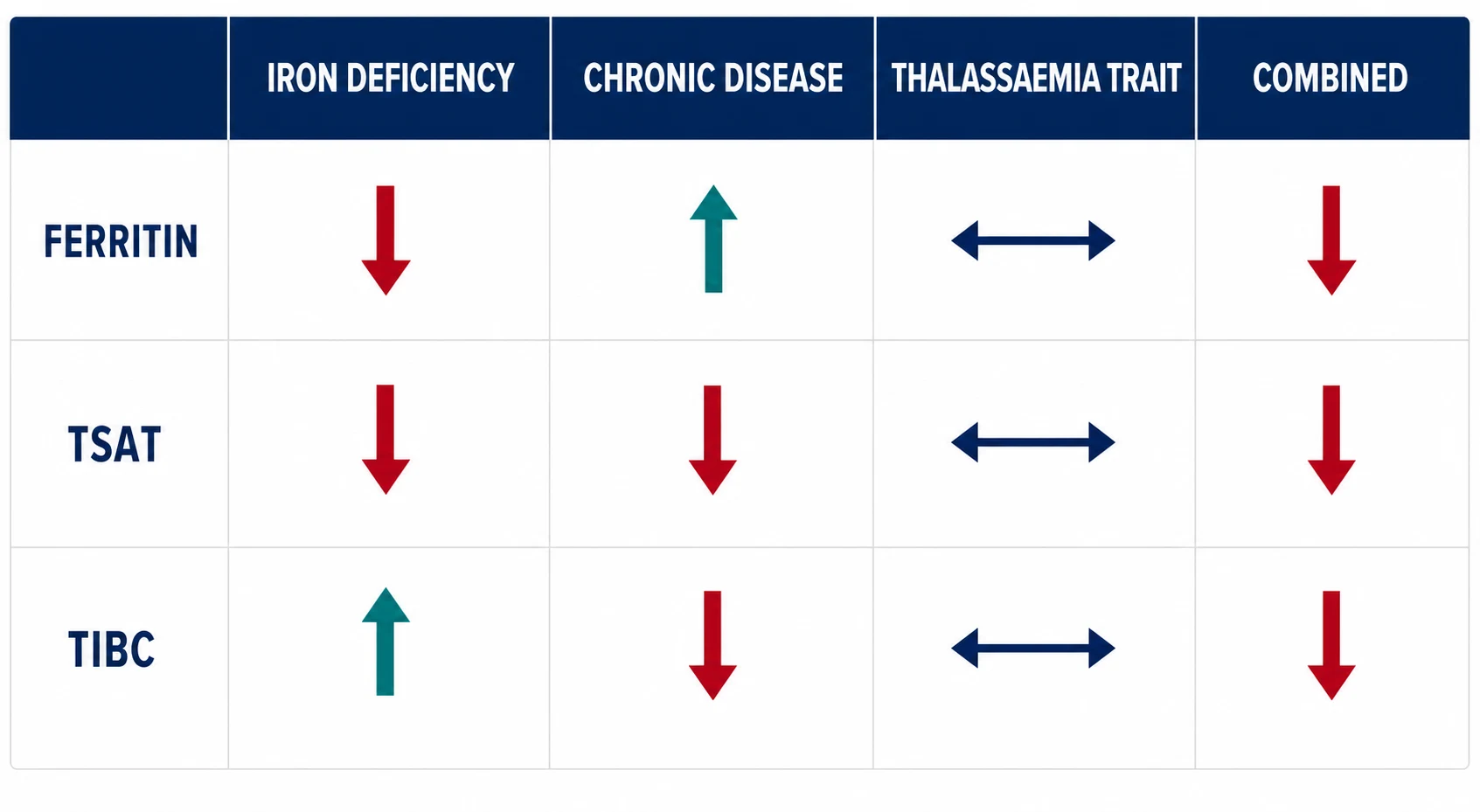 Iron study patterns — ferritin, TSAT and TIBC across iron deficiency, anaemia of chronic disease, thalassaemia trait and combined states