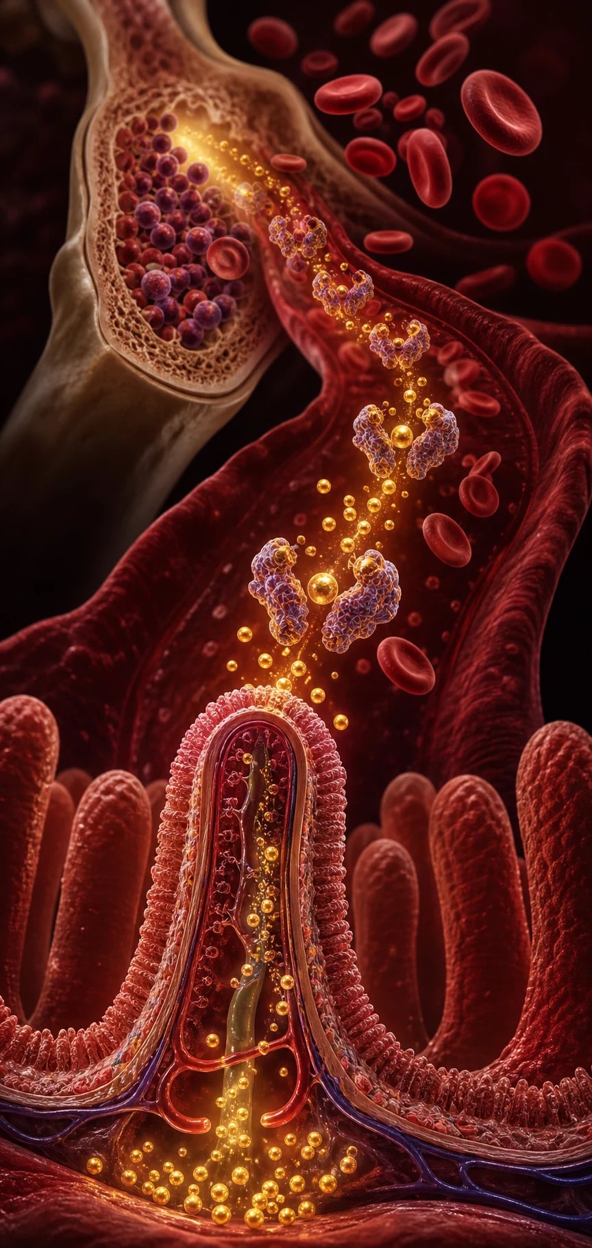 The iron cycle — iron absorbed through a duodenal villus, carried by transferrin, and incorporated into red blood cells in the marrow