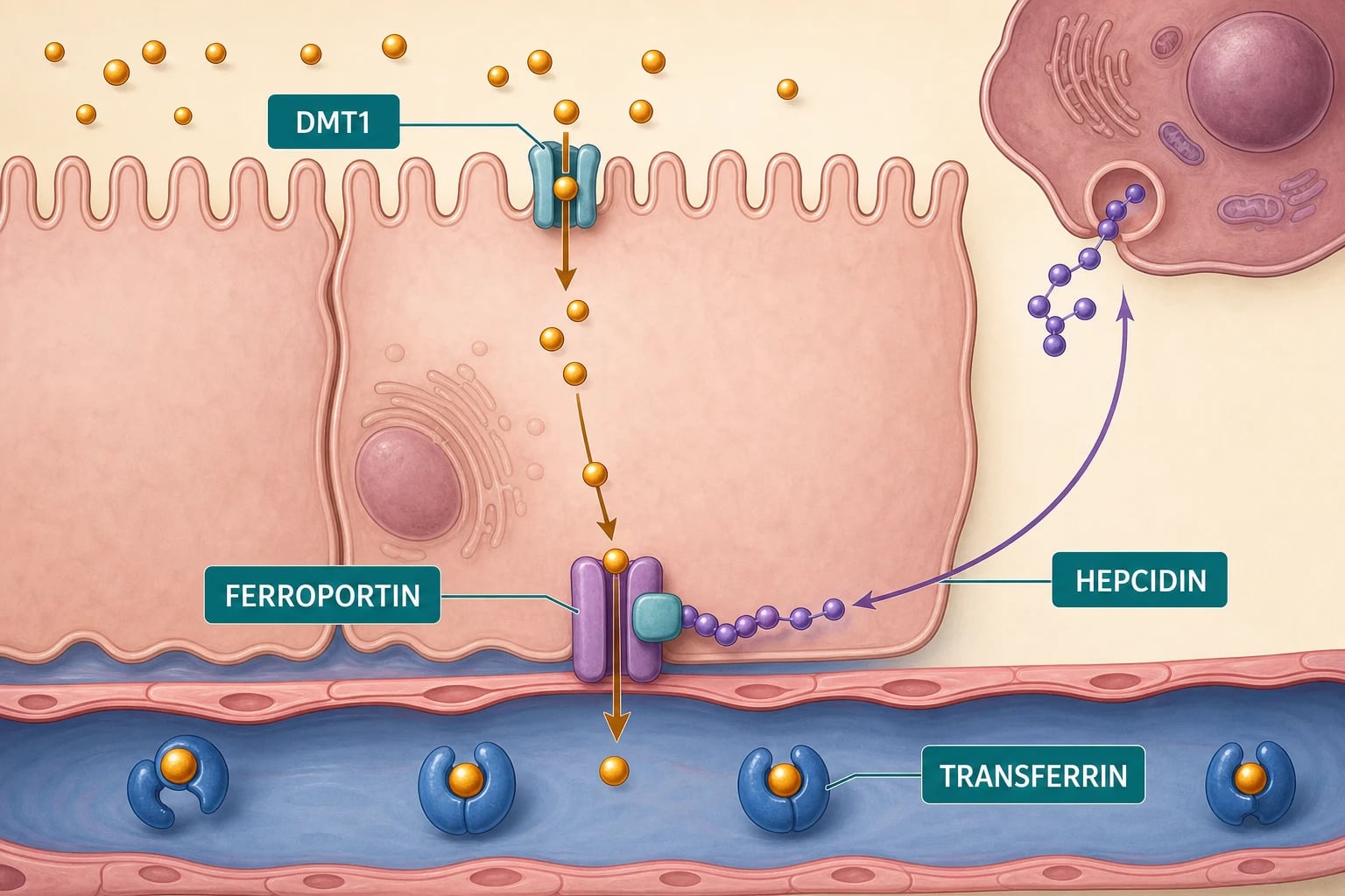 Duodenal iron absorption and the hepcidin-ferroportin axis