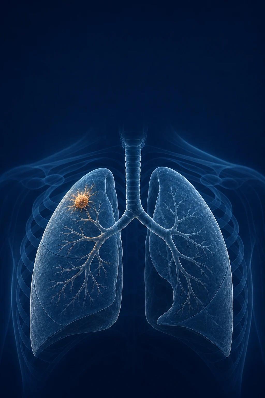 Anatomical illustration of the lungs with a spiculated tumour mass in the right upper lobe