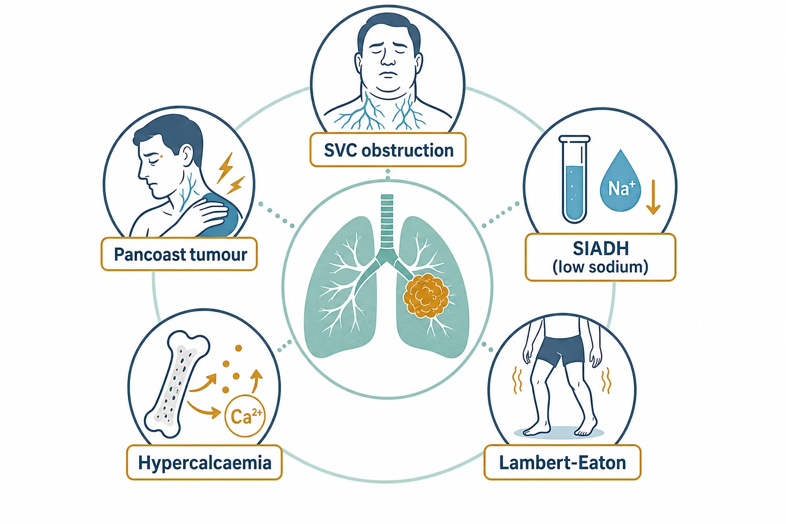 Panel of lung cancer complications: SVC obstruction, Pancoast tumour, SIADH, hypercalcaemia, Lambert-Eaton syndrome