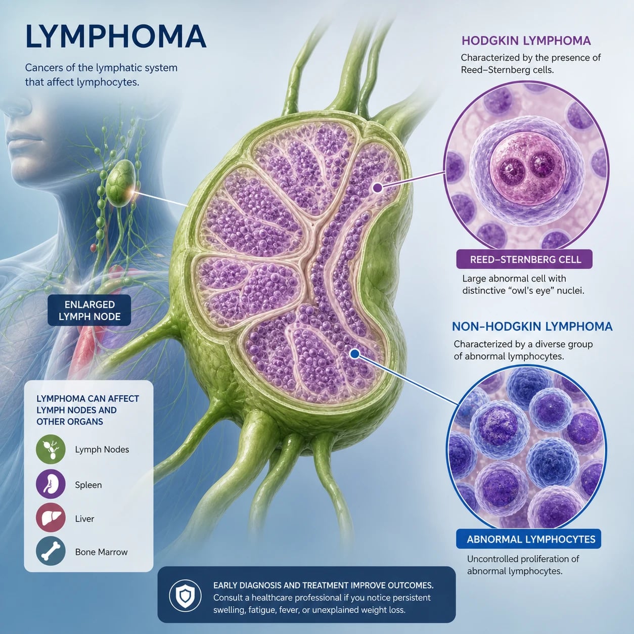 Lymphoma — a clonal proliferation of lymphoid cells presenting as lymphadenopathy, a mediastinal mass, or an extranodal mass with B symptoms