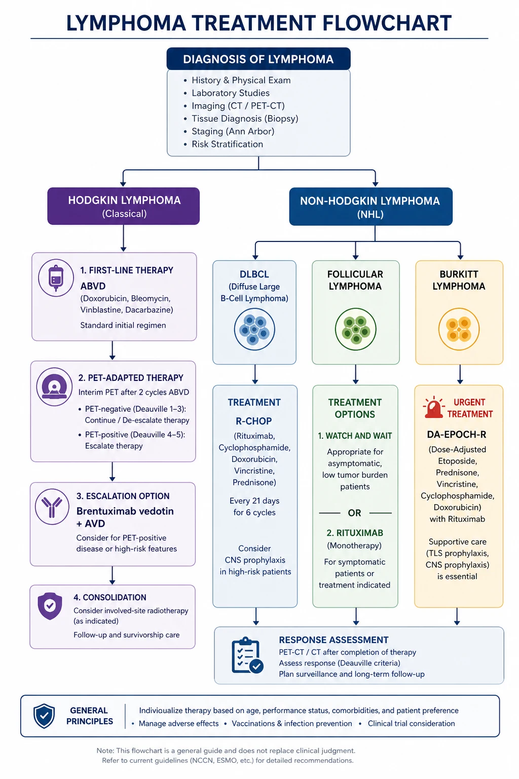 Treatment algorithm for Hodgkin and non-Hodgkin lymphoma by stage and subtype