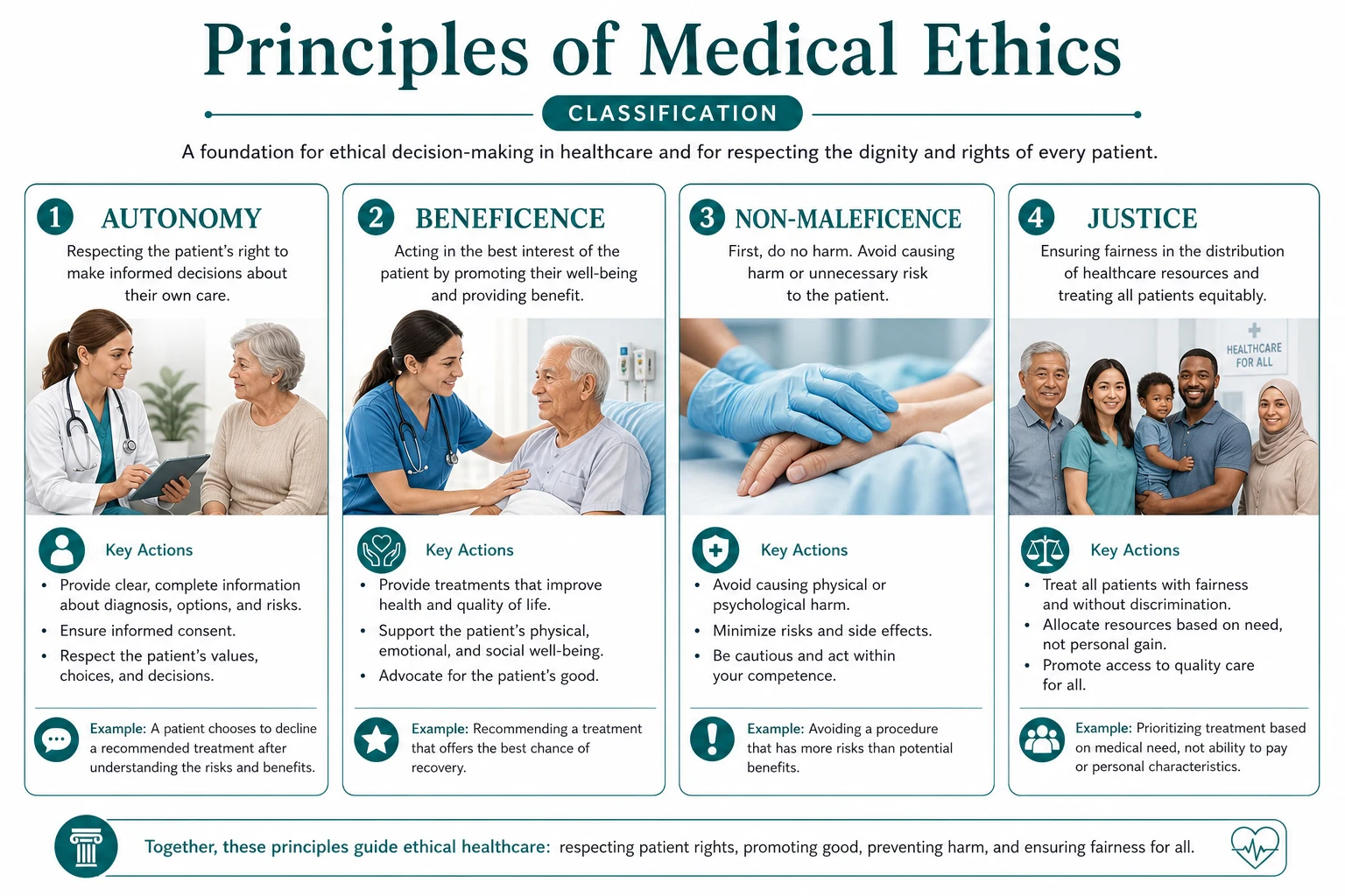 Classification diagram for Medical Ethics Autonomy Beneficence NON Maleficence Justice.