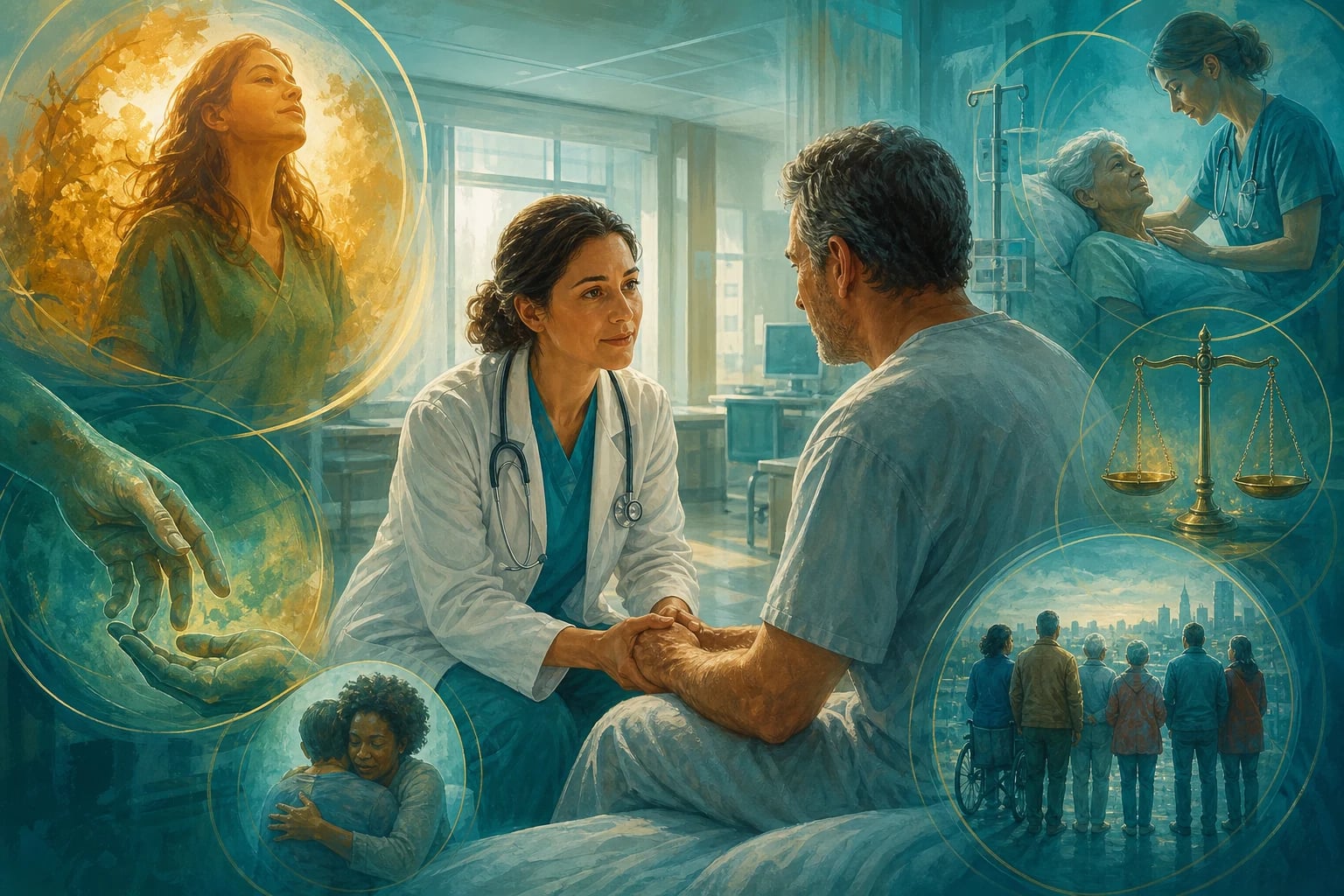 Clinical overview scene for Medical Ethics Autonomy Beneficence NON Maleficence Justice.