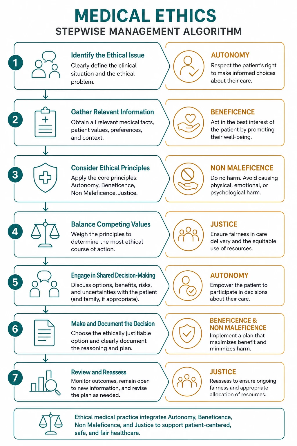 Stepwise management algorithm for Medical Ethics Autonomy Beneficence NON Maleficence Justice.