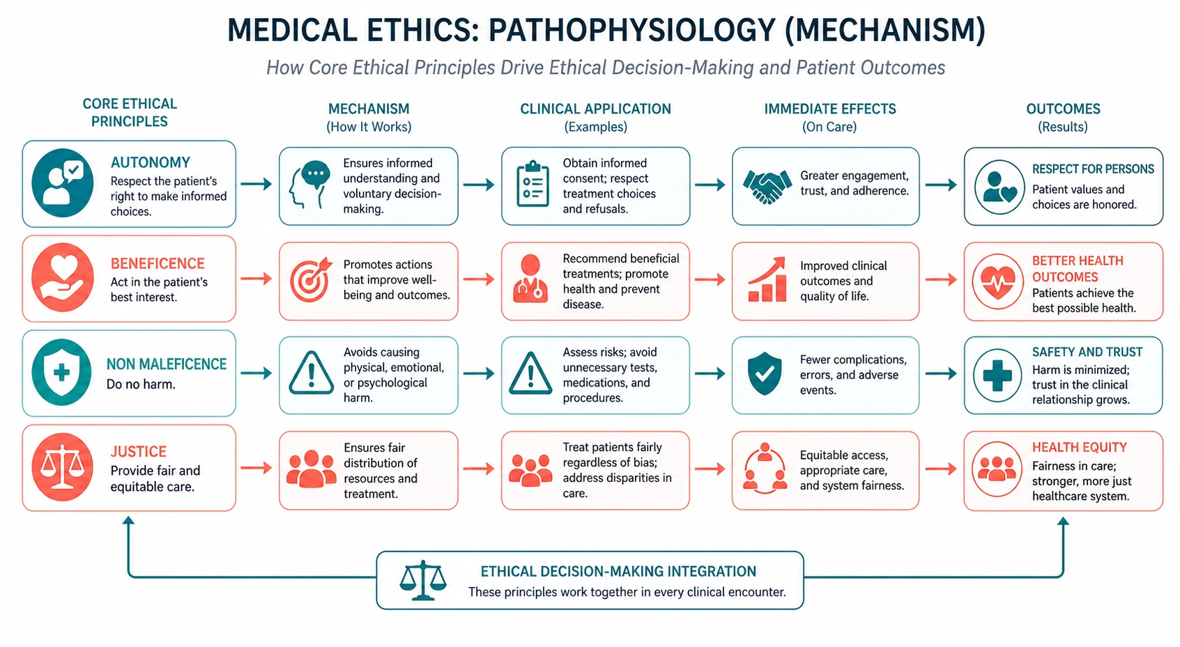 Pathophysiology mechanism diagram for Medical Ethics Autonomy Beneficence NON Maleficence Justice.
